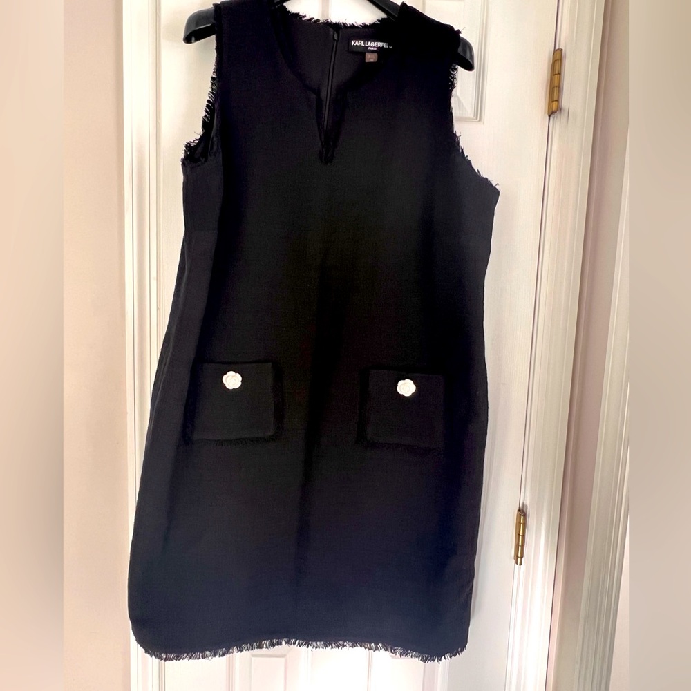 Black Karl Lagerfeld dress - woven/tweed material with white accent, size 16-18W